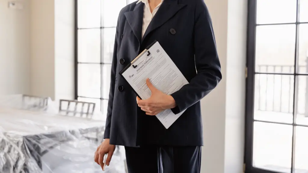 Person in a navy suit holding a purchase agreement on a clipboard inside a home being prepared for sale
